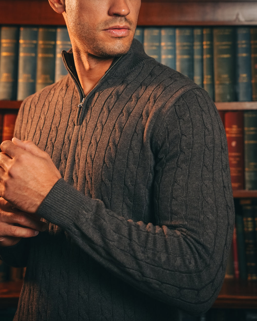 Cotton Cable Quarter Zip – Dark Brown