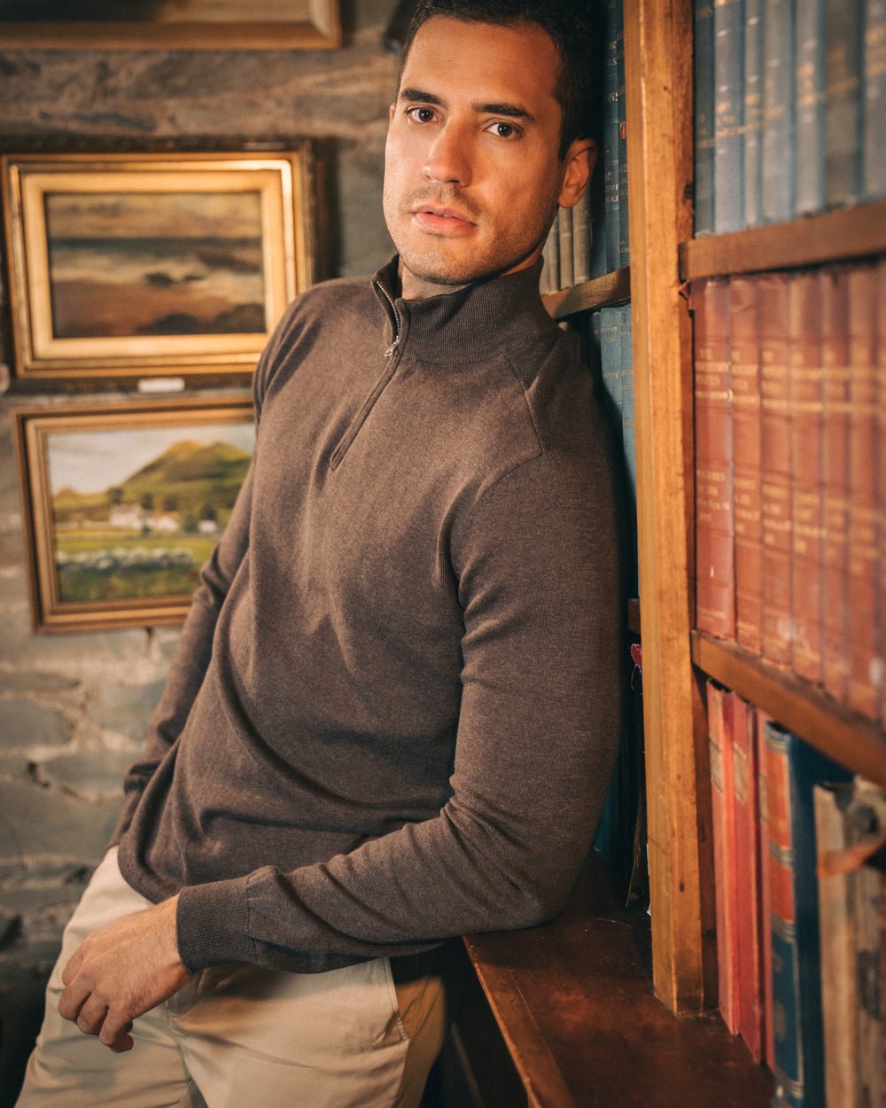 Cotton Quarter Zip Jumper – Dark Brown