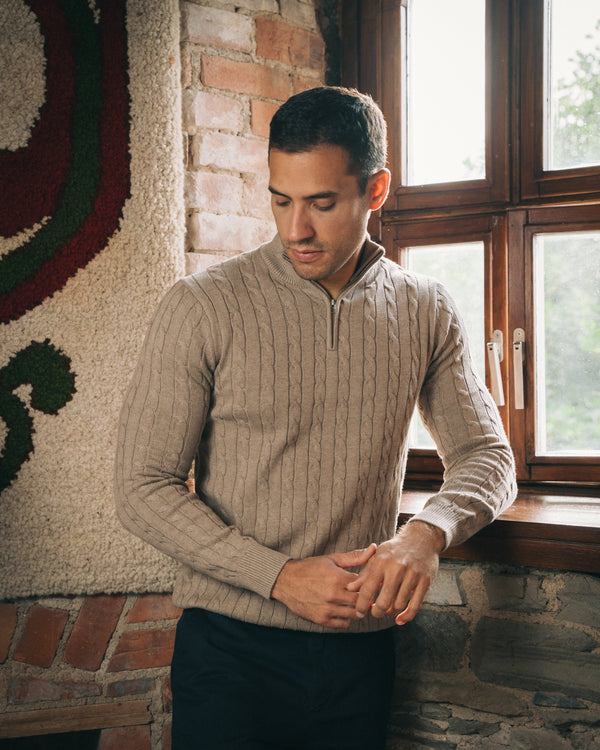 Cotton Cable Quarter Zip – Beige