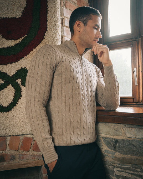Cotton Cable Quarter Zip – Beige