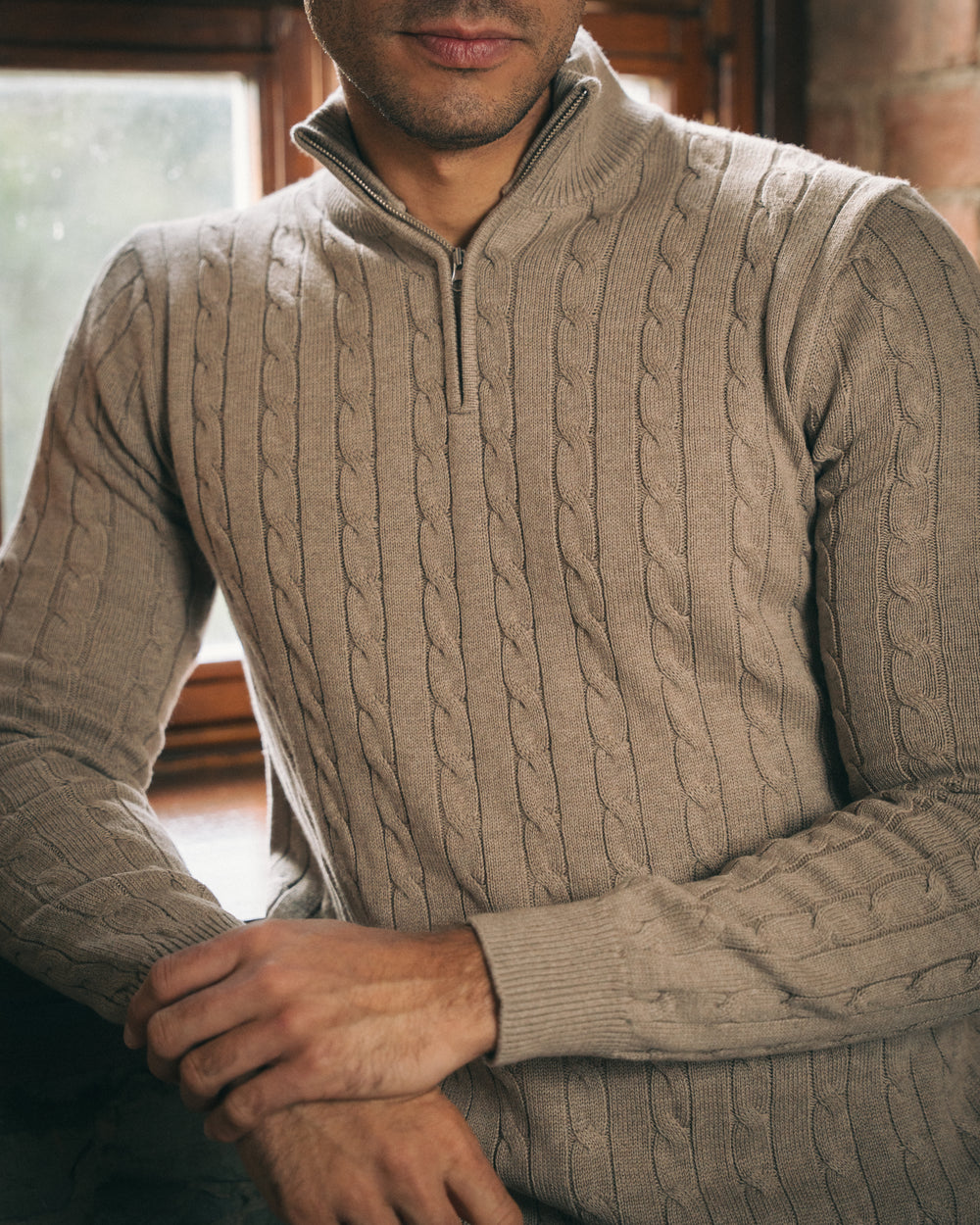Cotton Cable Quarter Zip – Beige