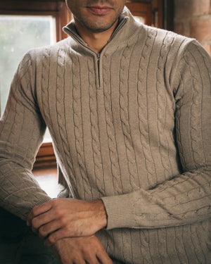 Cotton Cable Quarter Zip – Beige