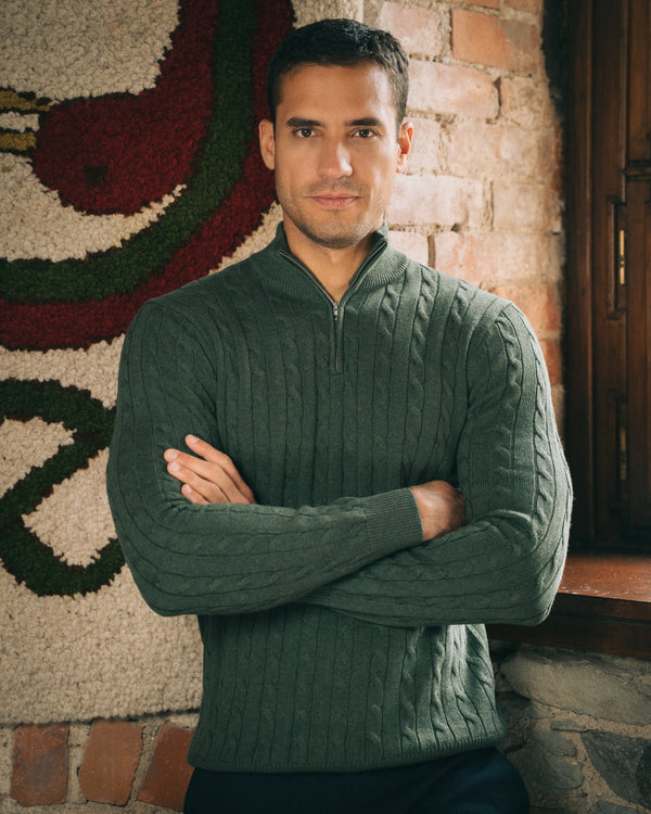 Cotton Cable Quarter Zip – Green