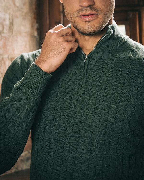 Cotton Cable Quarter Zip – Green
