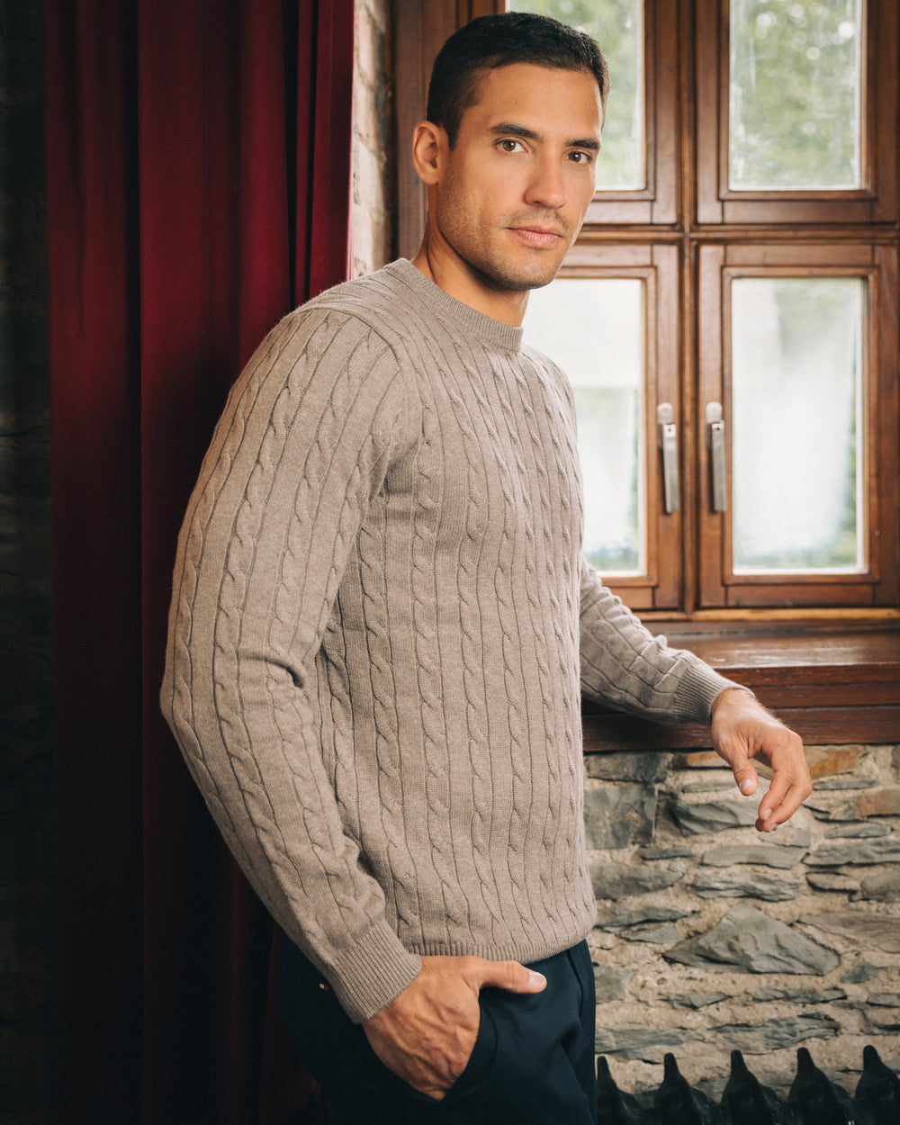 Cotton Cable Crewneck – Taupe